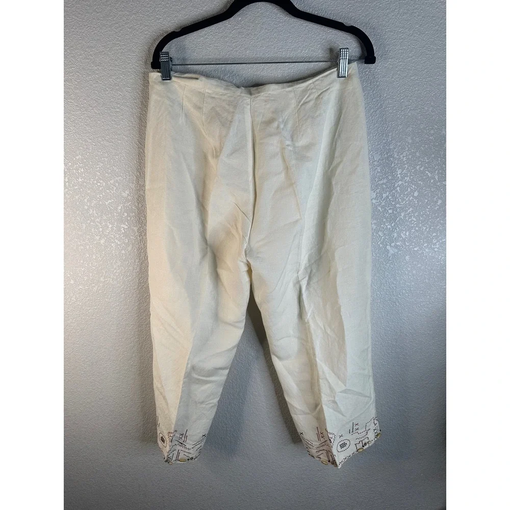 Hearts of Palm Women's Cream Linen Blend Embroidered Pant and Top Set Size 14